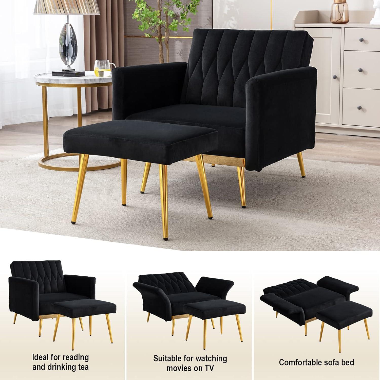 Black Velvet Accent Chair with Ottoman and Gold Metal Legs