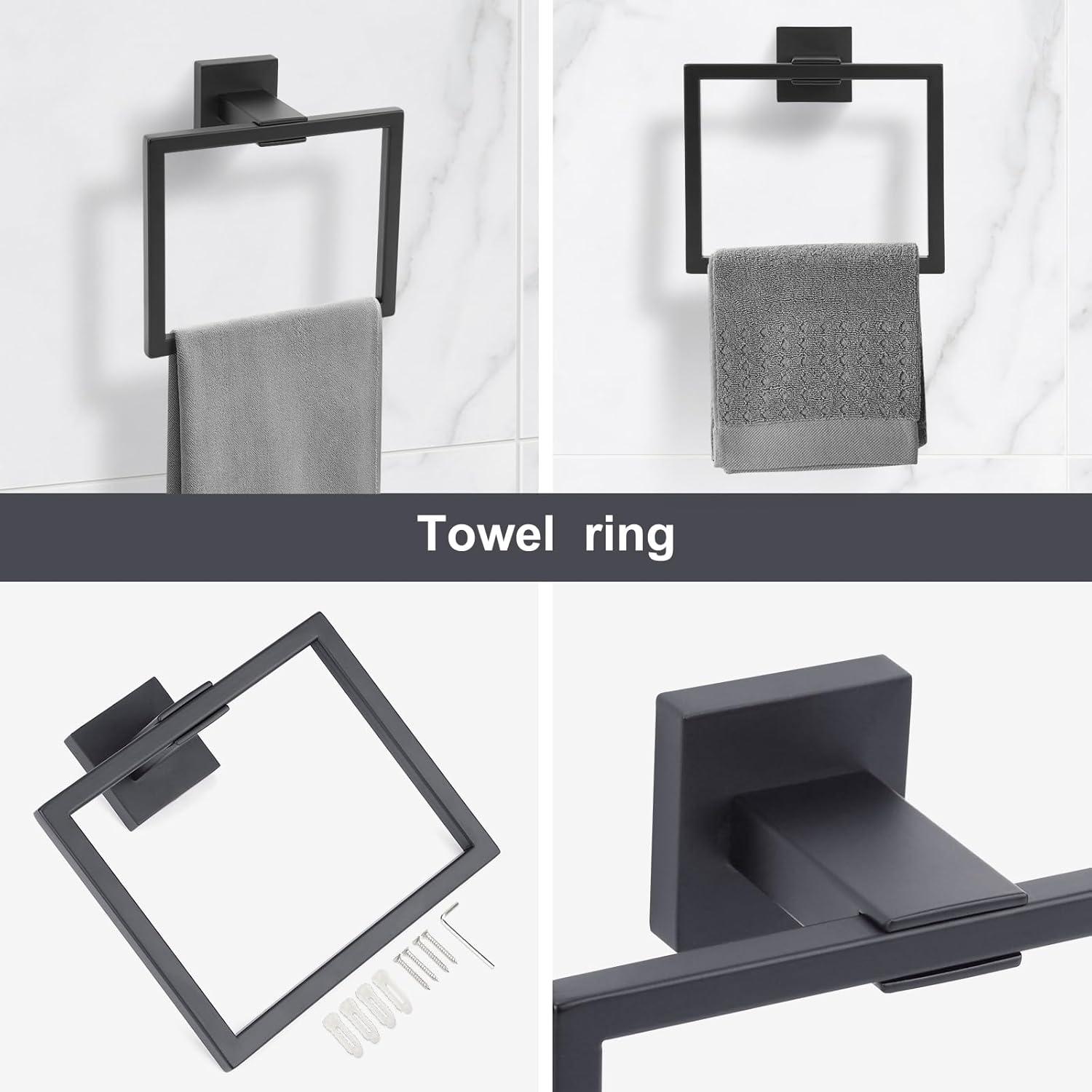 Stainless Steel Matte Black Bathroom Hardware Accessories - 5 Piece Set with 16 inch Square Towel Bar, Towel Rack & Holder
