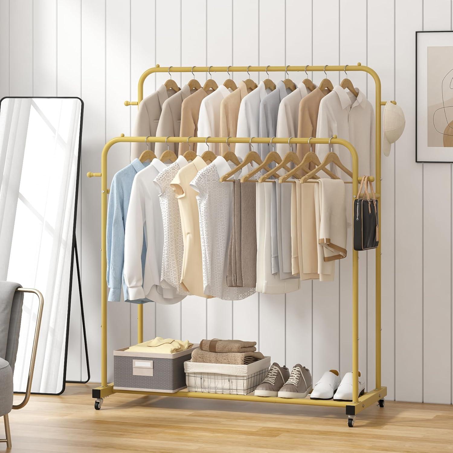 Gold Double Rods Portable Garment Rack with Wheels and Hooks