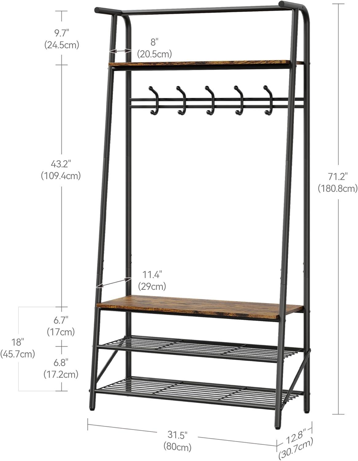 GAOMON Coat Rack Shoe Bench, 4-in-1 Hall Trees Entryway Bench with Coat Rack and Shoe Rack, Wood Look Accent Furniture with Steel Frame Storage Shelf and Hanging Bar, Industrial, Rustic Brown & Black