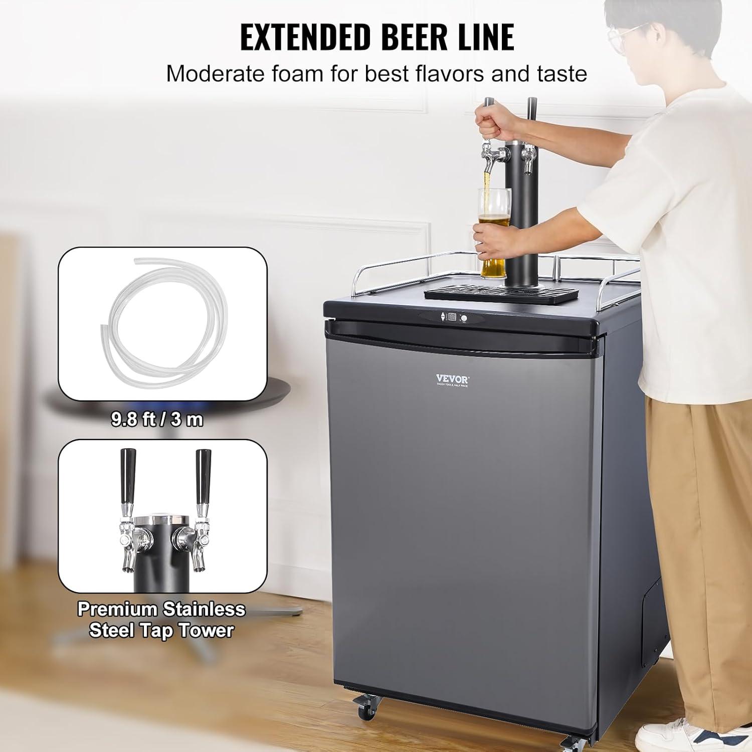 VEVOR VEVOR 5.7 Cubic Feet Silver Dual Tap Freestanding Kegerator with Adjustable Temperature