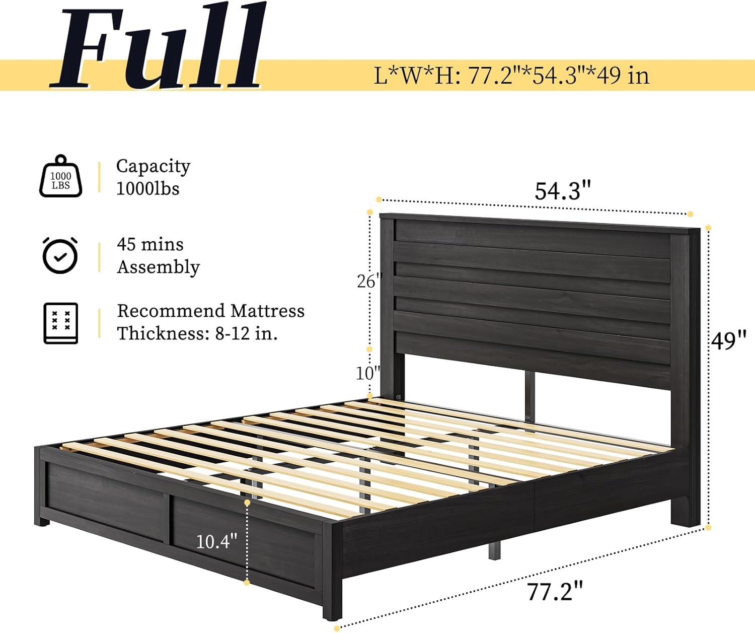 Marro Bed Frame with 49" Tall & Full-Panel Headboard, Farmhouse Platform Bed with Wood Slats & Metal Bed Frame, No Box Spring Needed/Noise Free