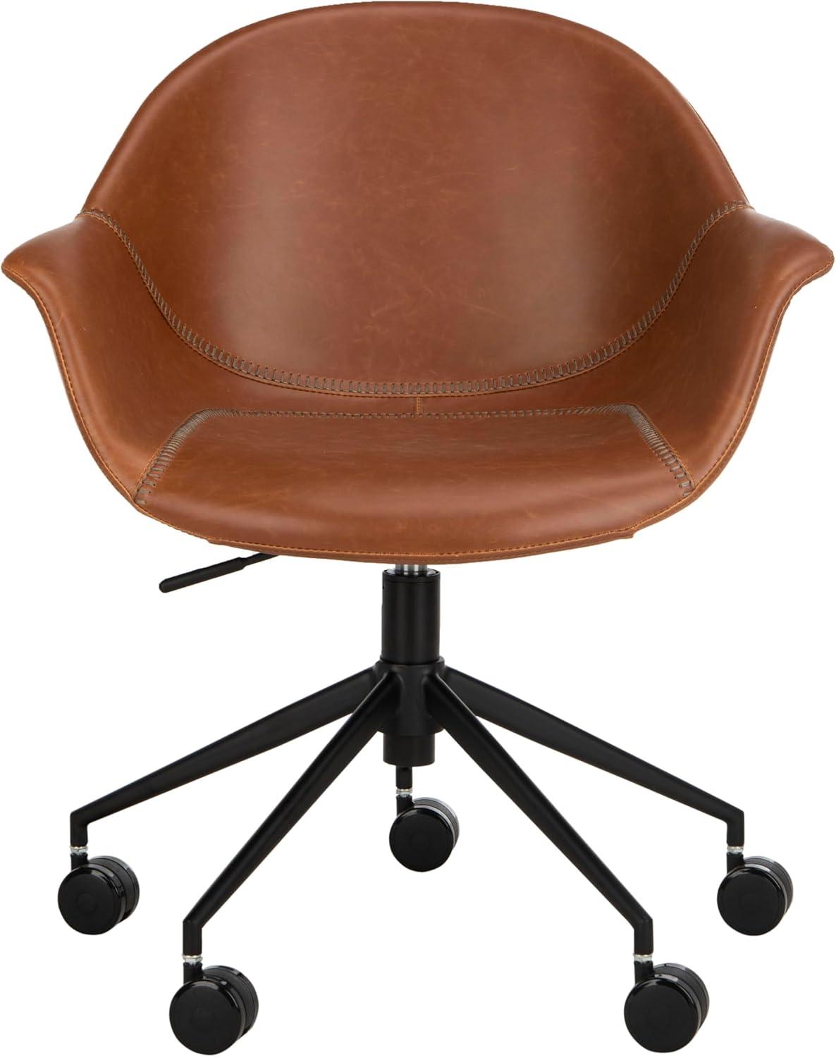 Transitional Ember Swivel Task Chair in Light Brown Leather and Black Wood