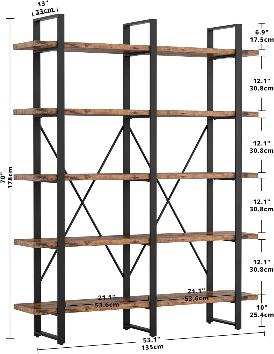 IRONCK Industrial Bookshelf and Bookcase Double Wide 5 Tier, Large Open Shelves, Wood and Metal Bookshelves for Home Office Furniture, Easy Assembly