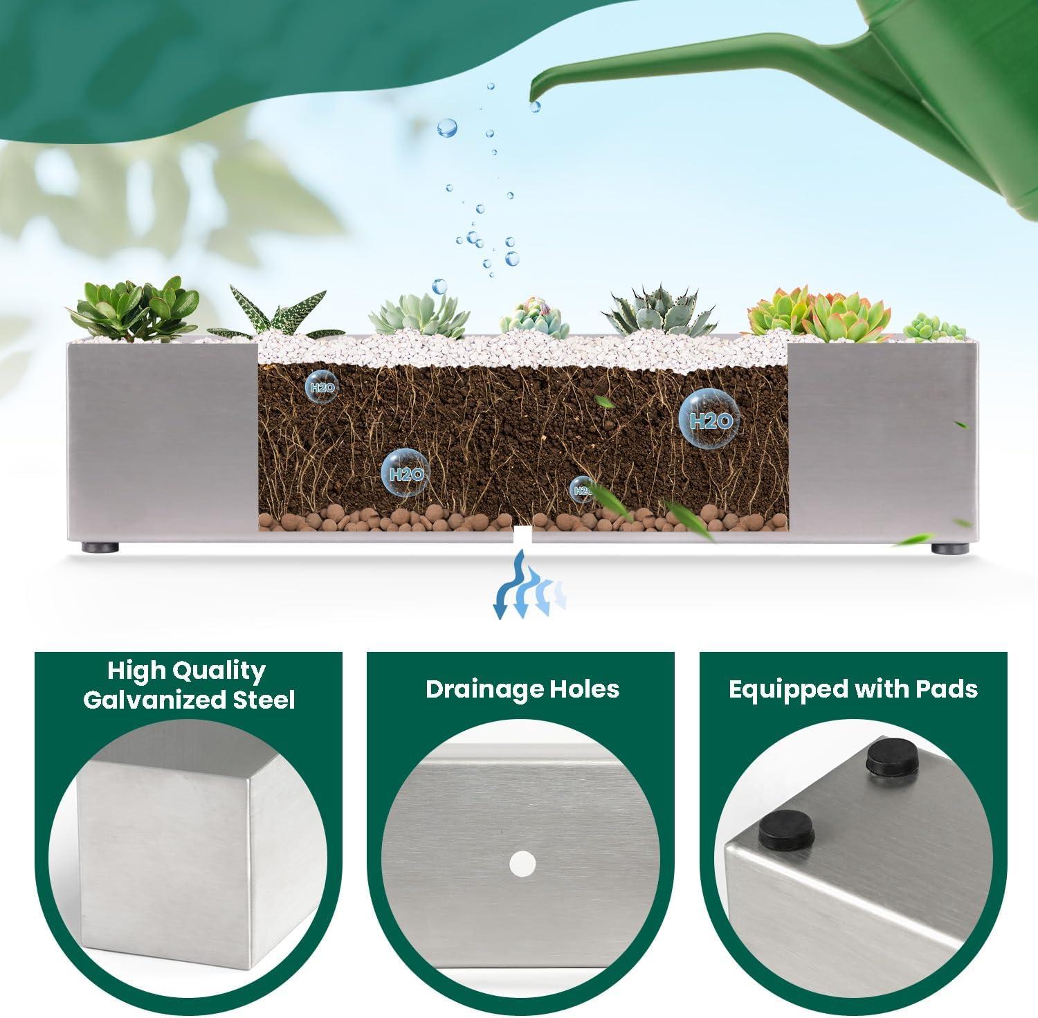 16" Window Box Rectangular Succulent Planting Box Metal Table Sill Planter Pots Modern Long Durable for Small Herb with Drainage Hole for Indoor Outdoor, with 4 Free Rubber Mats, White