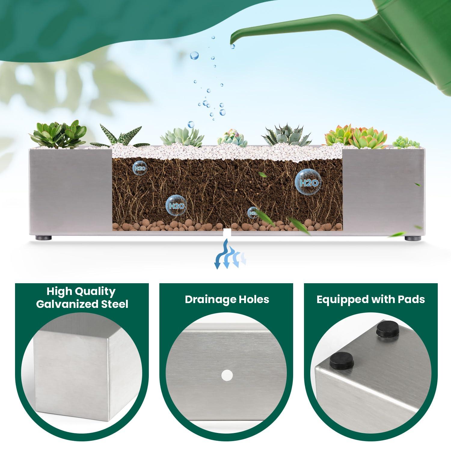 16" Window Box Rectangular Succulent Planting Box Metal Table Sill Planter Pots Modern Long Durable for Small Herb with Drainage Hole for Indoor Outdoor, with 4 Free Rubber Mats, White