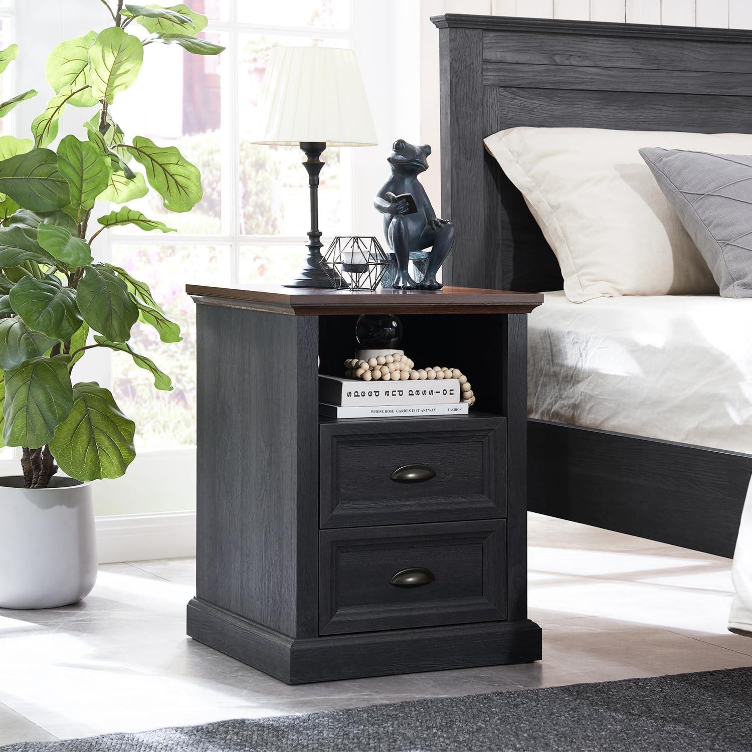 Dark Gray 2-Drawer Wood Nightstand with Charging Station