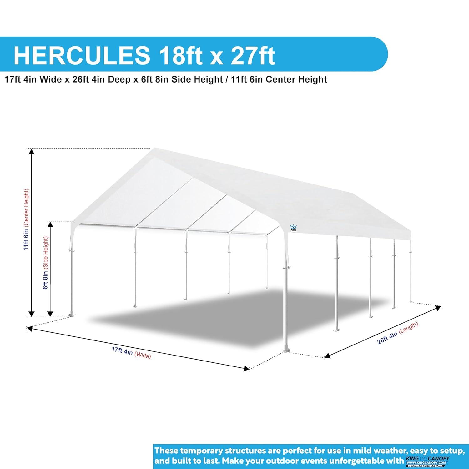 King Canopy Hercules 18ft x 27ft, 2-Inch Hammertone Steel Frame w/ buttons, 10-Leg Carport
