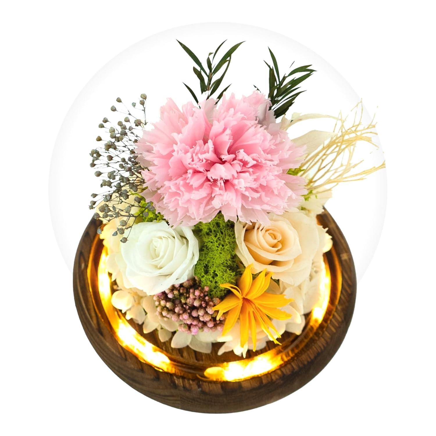 Preserved Flowers Rose in Glass Dome w/Light - Long Lasting Flowers, Flower Gifts for Women for Any Occasion - Home Decor, Comes w/Thick Gift Box - Glass Rose Flowers - White/Pink