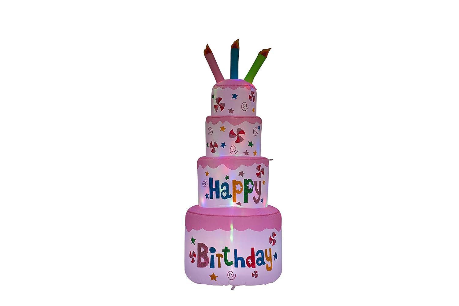 AJY 6 Feet Happy Birthday Inflatable Cake with Candle - Blow Up Indoor/Outdoor Yard Lawn Decoration