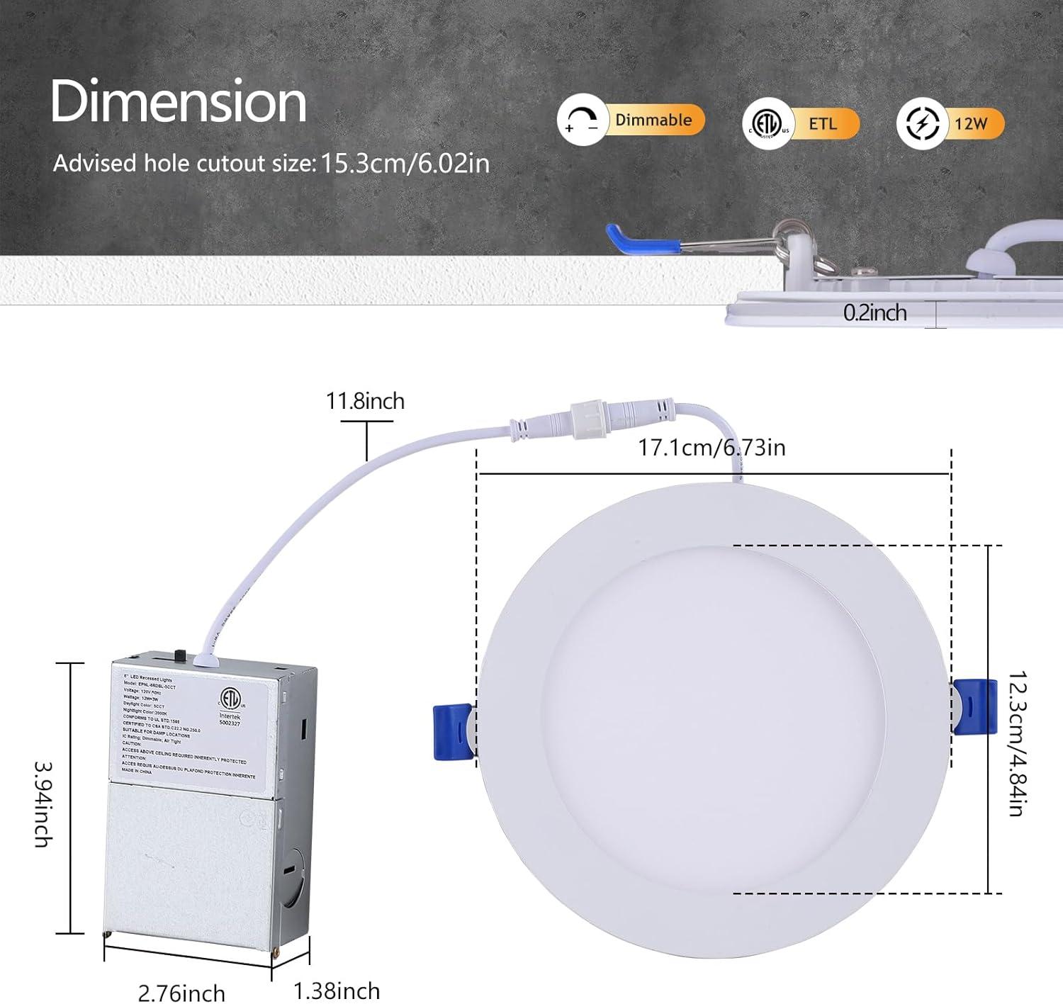 (12 Pack) 6 Inch Ultra-Thin LED Recessed Ceiling Light with Junction Box, 12W, Dimmable Canless Wafer Slim Panel Downlight, IC Rated, ETL-Listed - 4000K