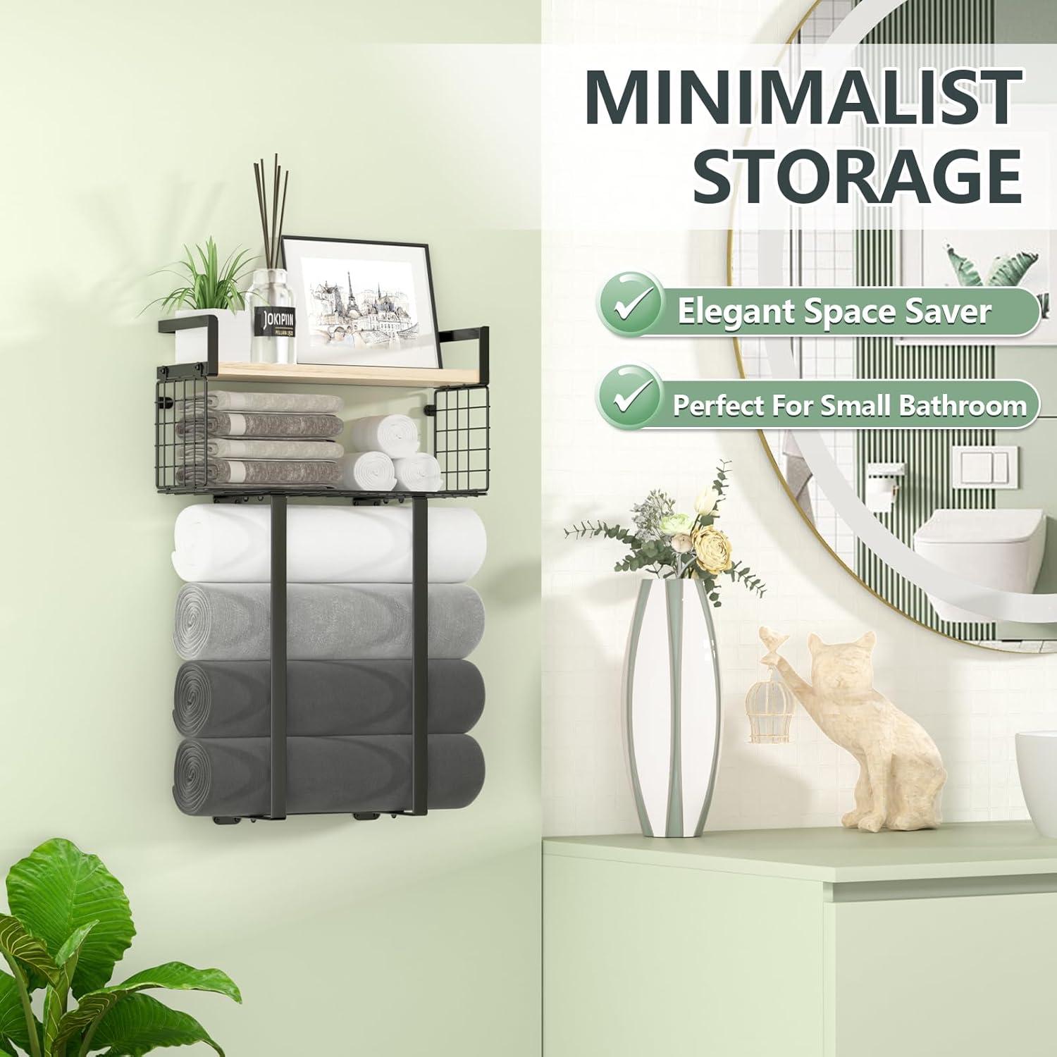 Towel Racks For Bathroom, Metal Towel Holder With Storage Basket,Wall Towel Rack For Rolled Towels, Towel Storage For Small Bathroom,Bathroom Shelves