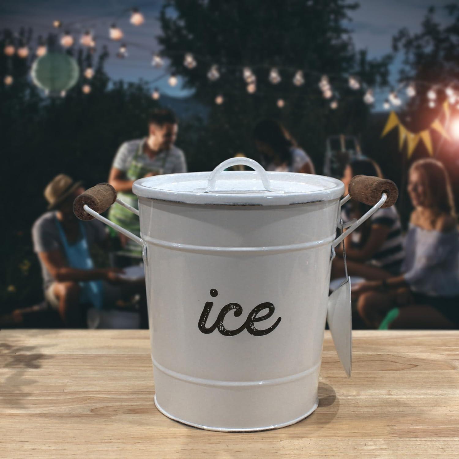 AuldHome Design White Farmhouse Enamelware Ice Bucket; Rustic Style Insulated Ice Server