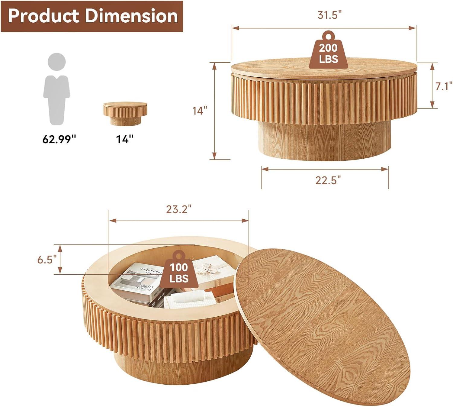 HomVent 31.5'' Round Coffee Table with Storage, Modern Wooden Coffee Table with Solid Wood Veneered, Circle Center Table Accent Tea Table for Living Room, Small Space, Apartment