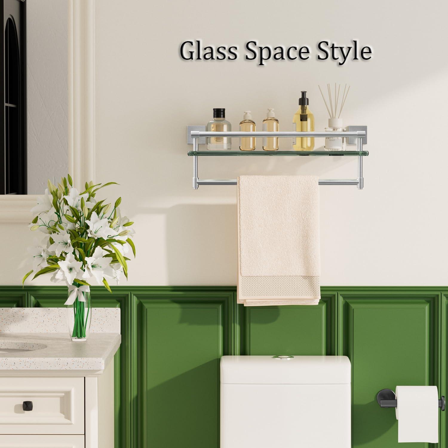 Alise Bathroom Glass Shelf Wall Mounted, Tempered Glass Bathroom Shelf with Towel Bar, SUS304 Stainless Steel Modern Floating Shelf, Brushed Nickel, 20 inch