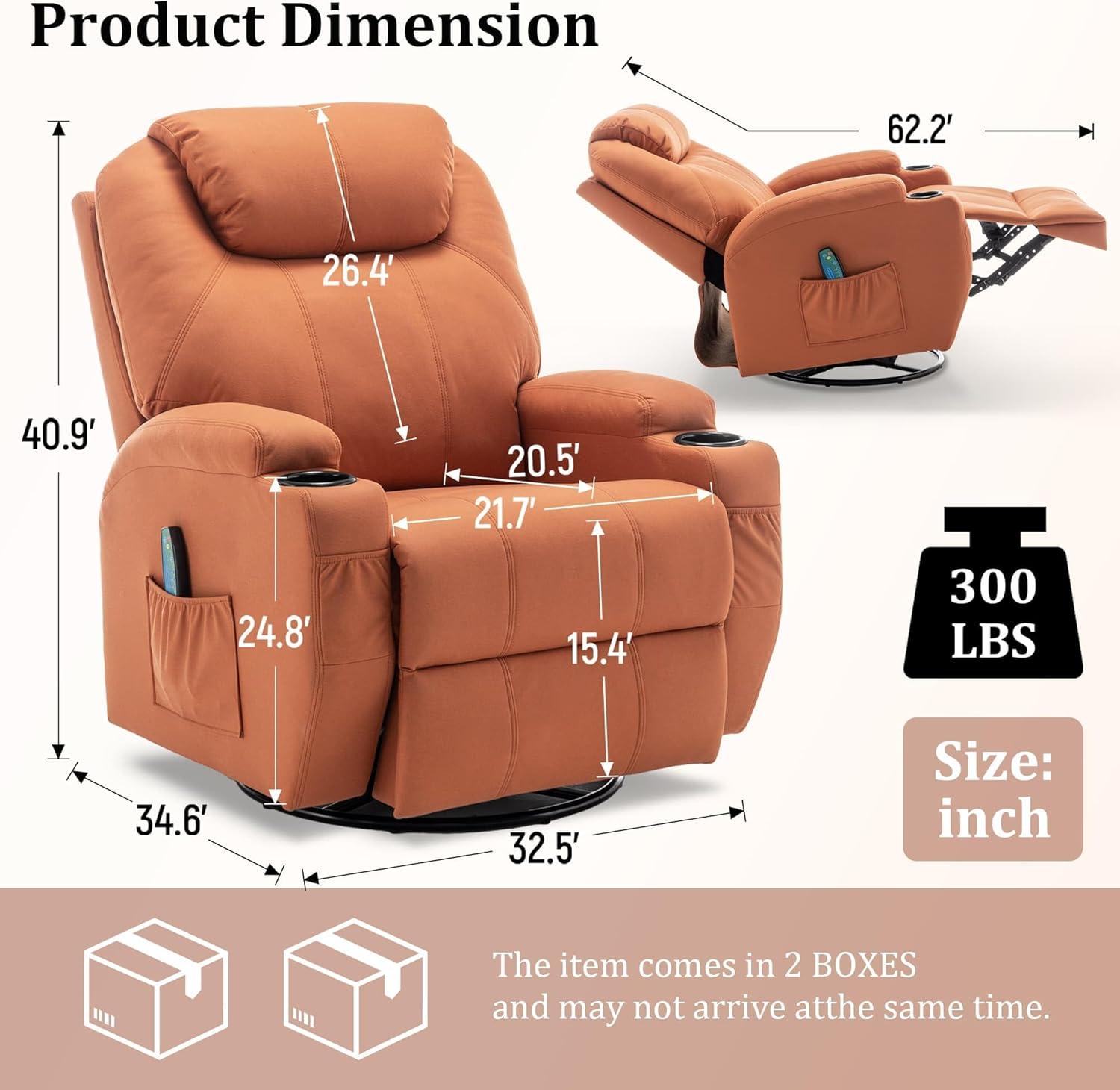Recliner Chair, Rocking Chair with Massage and Heat, 360° Swivel Recliner Chairs for Adults, Rocker Manual Recliner with Remote Control and Cup Holder for Living Room