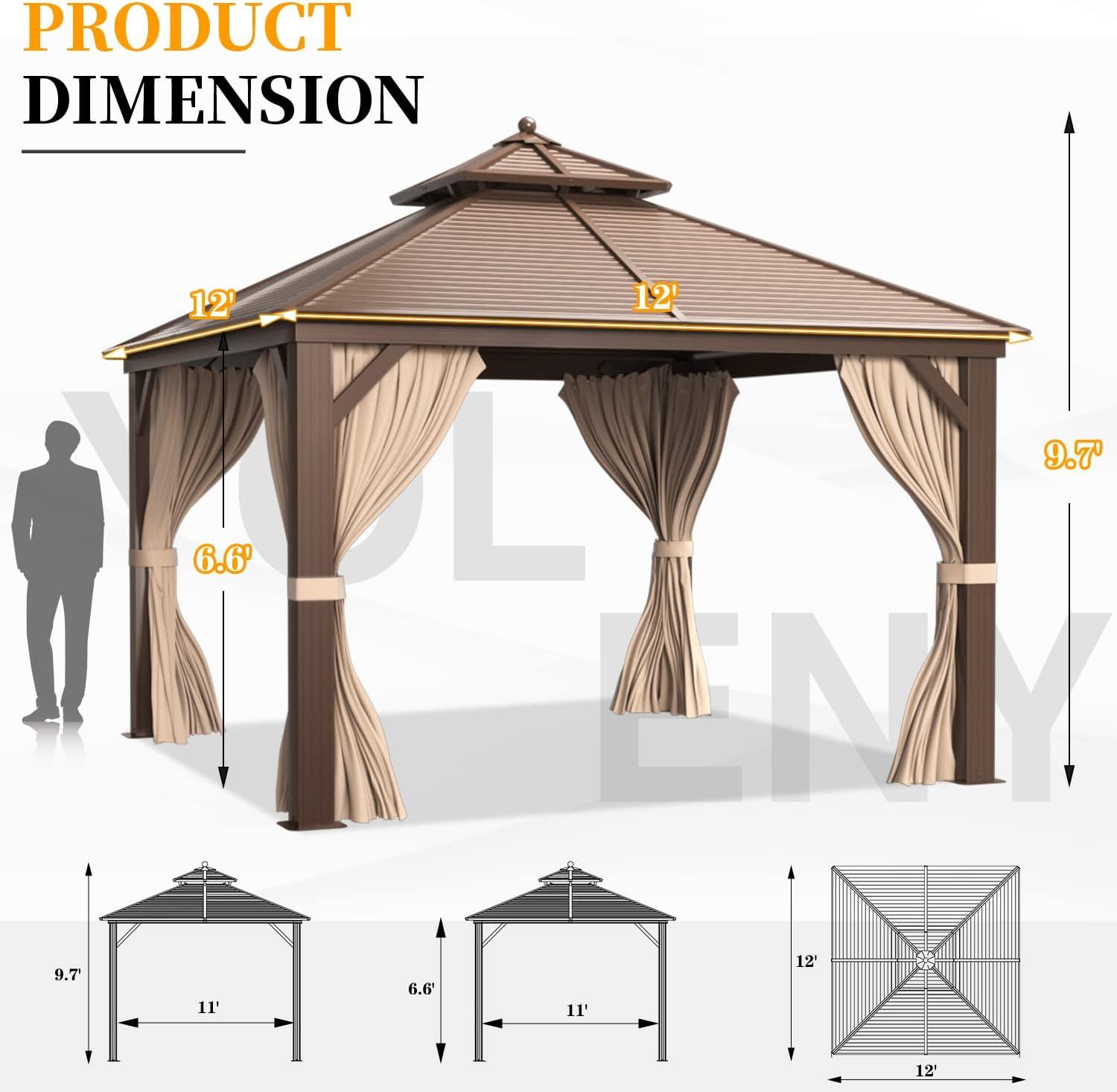 12'x12' Brown Aluminum and Steel Hardtop Gazebo with Curtains