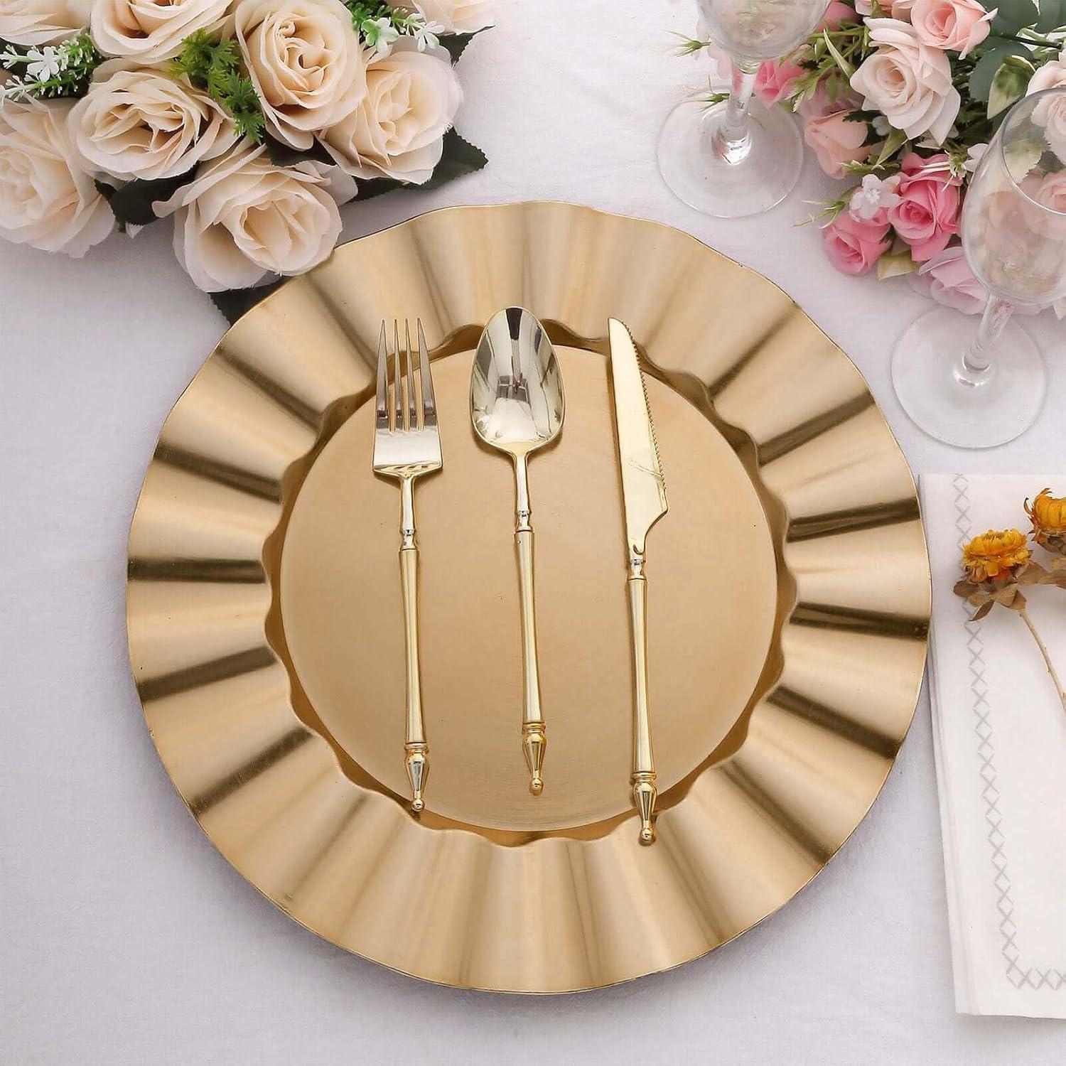 Efavormart 6 Pack | 13" Gold Acrylic Plastic Dinner Plate Chargers With Gold Brushed Wavy Scalloped Rim