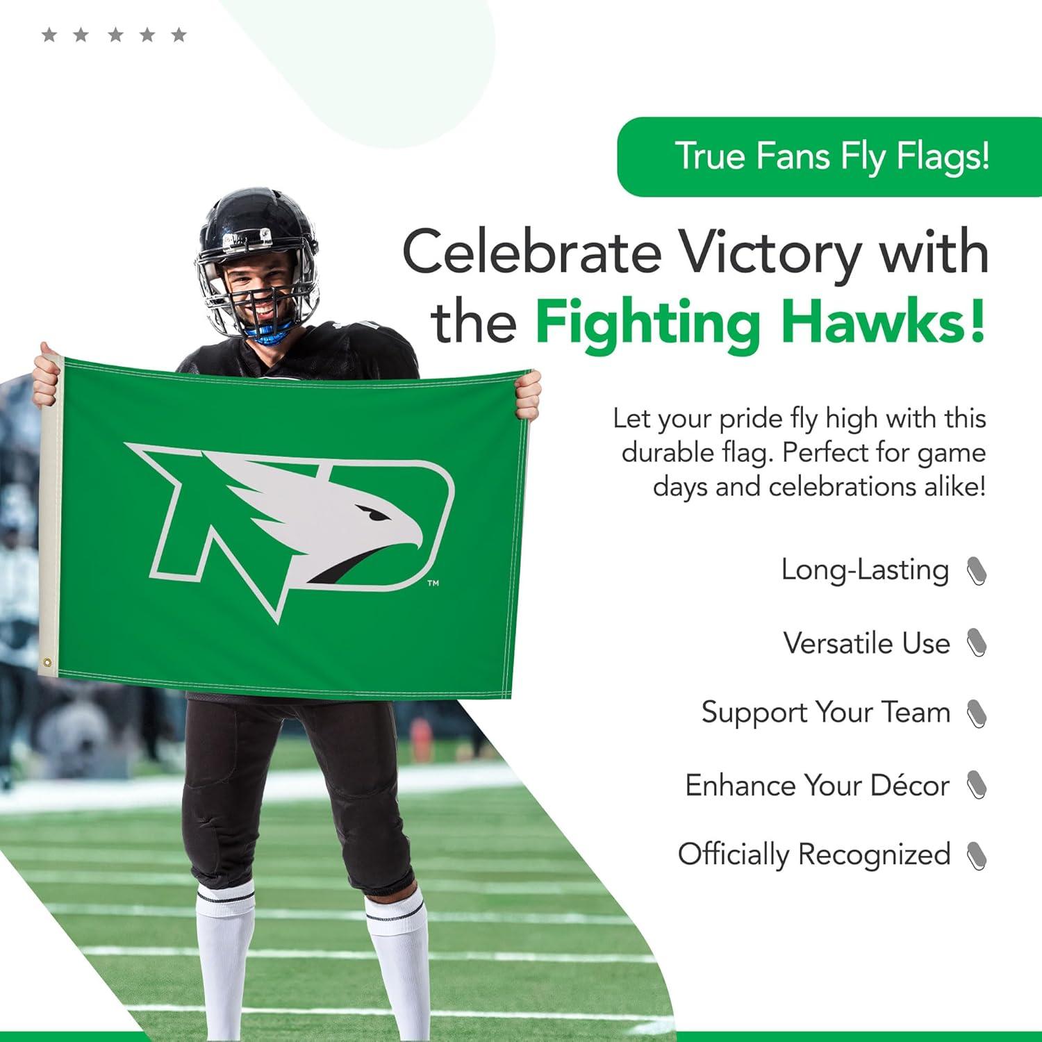 North Dakota Fighting Hawks 2' x 3' College Sports Printed Flag - NCAA Licensed - Nylon - School Banner (Green, White, Black)