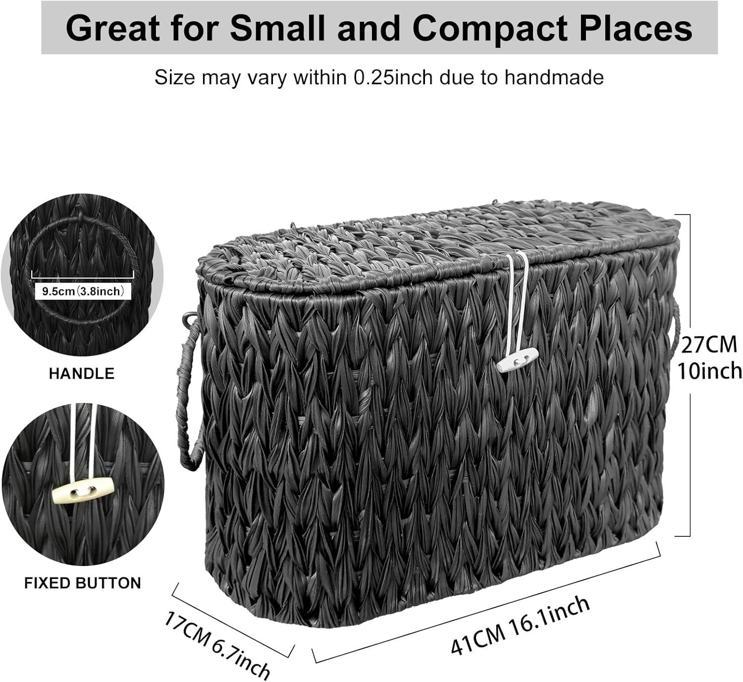 Black Toilet Paper Basket with Lid,Wicker Toilet Paper Storage Stand,Large Narrow Bathroom Towel Basket Mega Roll Container Bin for Toilet Tank,Floor