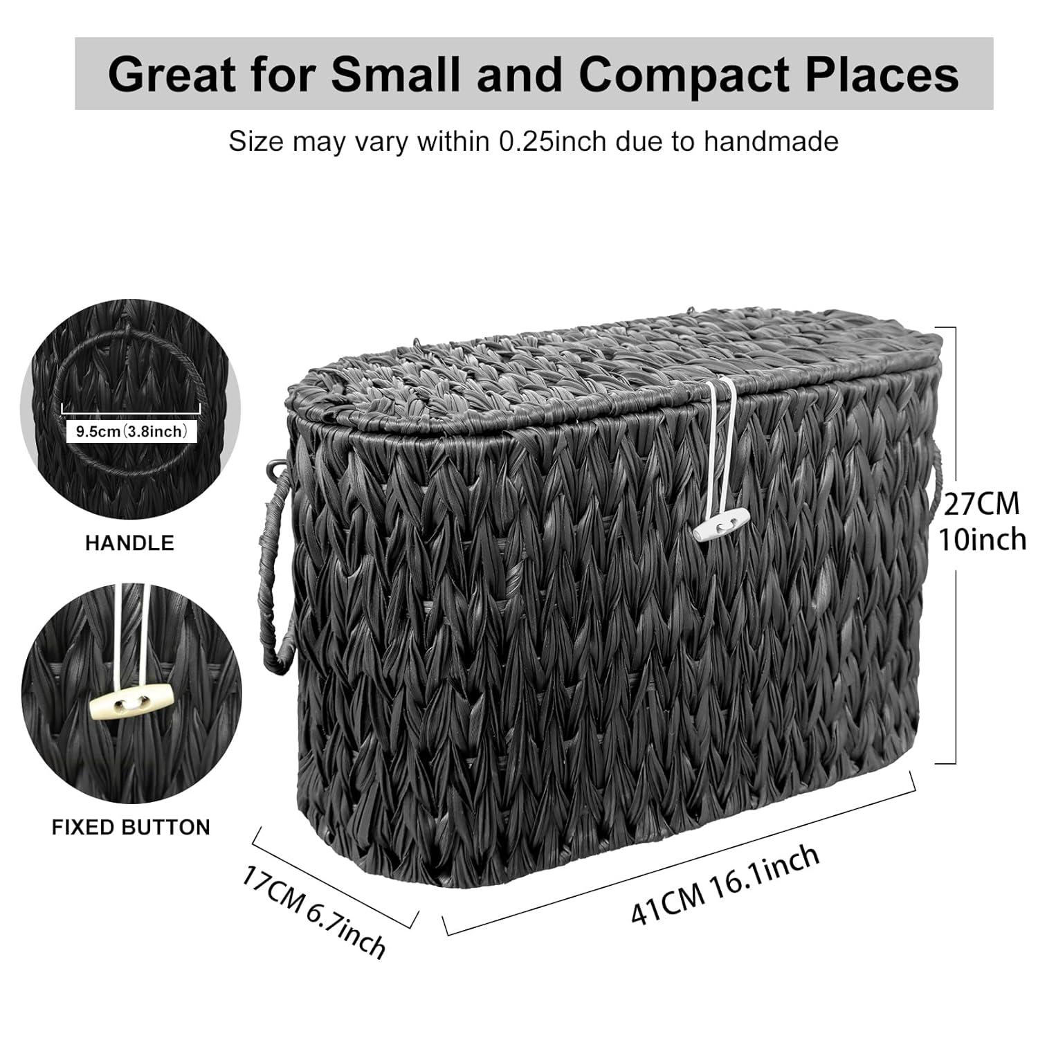 Black Toilet Paper Basket with Lid,Wicker Toilet Paper Storage Stand,Large Narrow Bathroom Towel Basket Mega Roll Container Bin for Toilet Tank,Floor