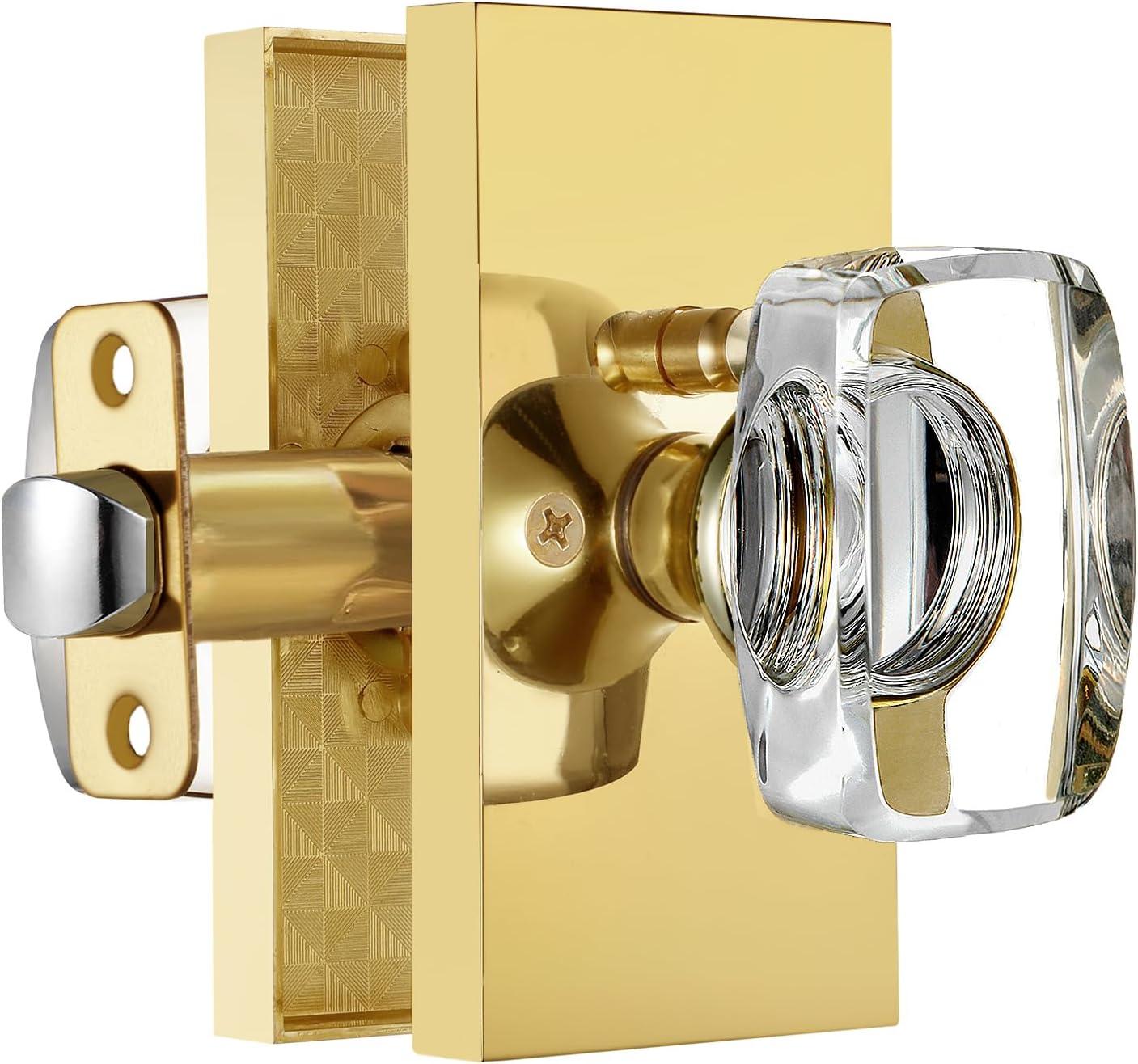 Clear Glass Crystal Door Knobs Interior,Octagon Gold Door Knob,Bathroom Bedroom Privacy Door Knobs with Lock,Satin Brass