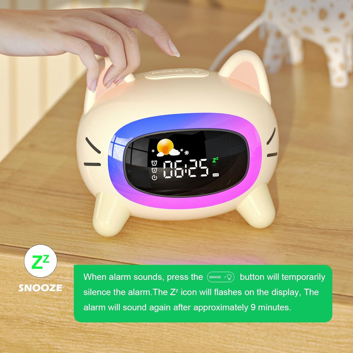 Kids Alarm Clock Ok to Wake Alarm Clock for Kids, Toddlers Night Light Clock for Bedroom, Cat Alarm Clock with Sleep Training and Sound Machine, Birthday Gift for Boy Girls Children