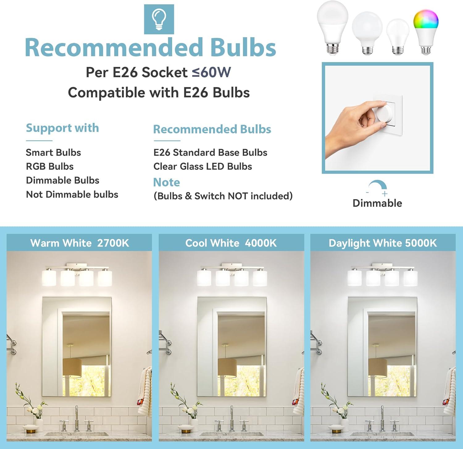 Brushed Nickel Bathroom Light Fixtures, 3-Light Modern Vanity Light Over Mirror
