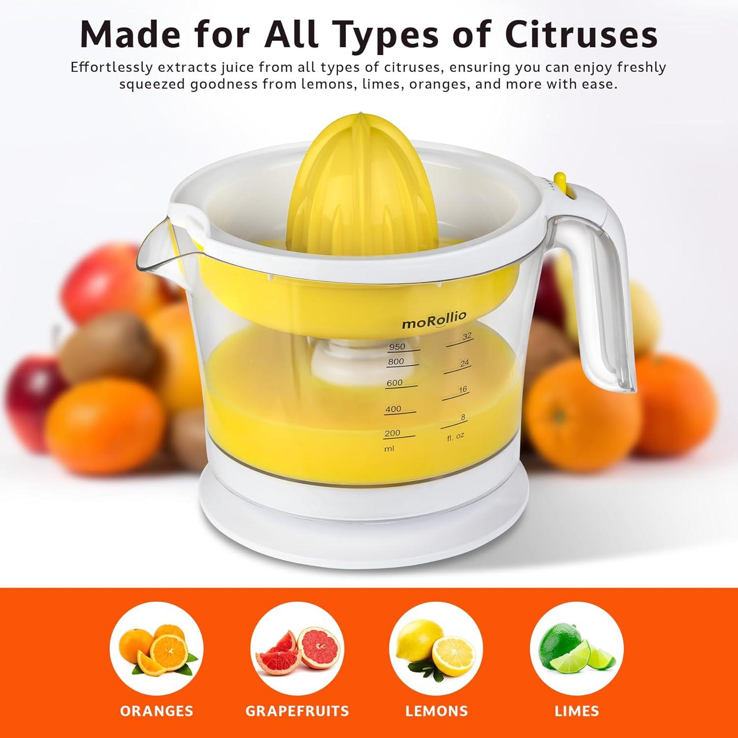 moRollio Citrus Juicer, Orange Juicer | Electric Citrus Juicer, Adjustable Pulp Control, 32oz