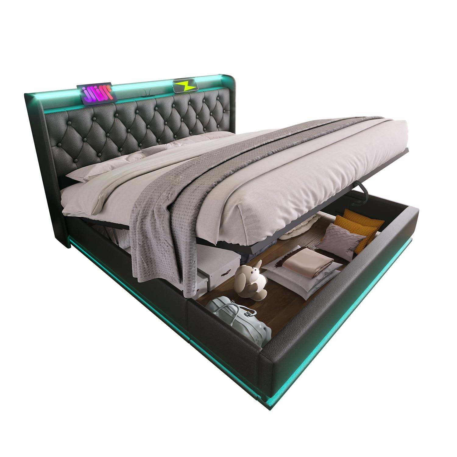 King Size Lift up Storage Platform Bed with 360 Degree Surround LED Light, Bedroom Upholstered Hydraulic Smart Bed Frame, No Noise, No Spring Mattress Required, Easy to Assemble (Black, King)