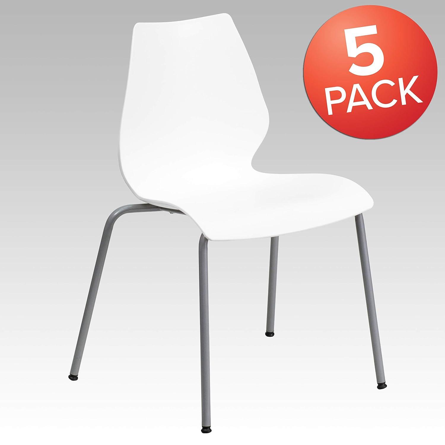 Flash Furniture Hercules Series Modern Plastic Stacking Event/Waiting Room Chairs, Ergonomic Lobby Chairs with Contoured Seats, Set of 5, White/Silver