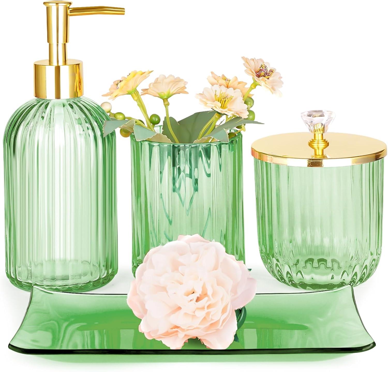 Green Glass Bathroom Accessories Set with Gold Accents, 4 Pieces