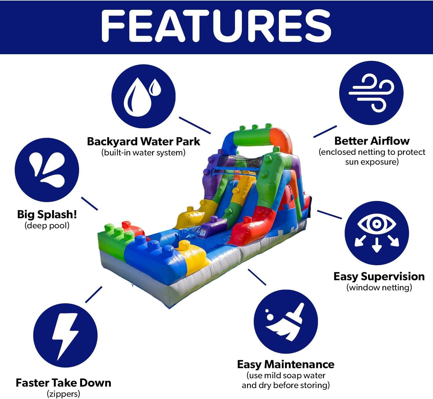 Herokiddo Block Party 12’ Tall Dual Lane Backload Inflatable Water Slide With Attached Pool, For Kids And Adults, Commercial Grade Pvc Vinyl, Outdoor Backyard Fun, Blow Up Water Park, (blower Included)