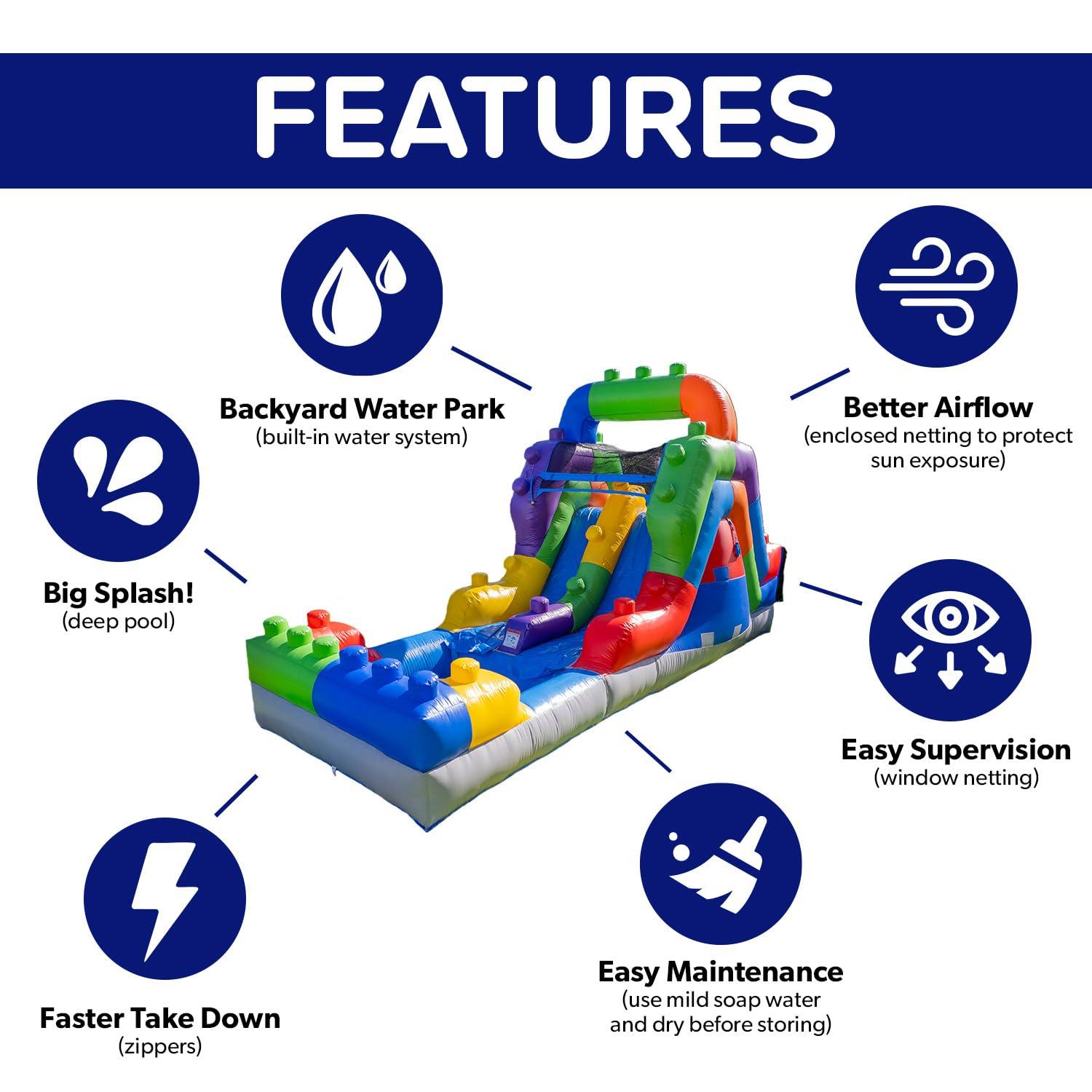 Herokiddo Block Party 12’ Tall Dual Lane Backload Inflatable Water Slide With Attached Pool, For Kids And Adults, Commercial Grade Pvc Vinyl, Outdoor Backyard Fun, Blow Up Water Park, (blower Included)