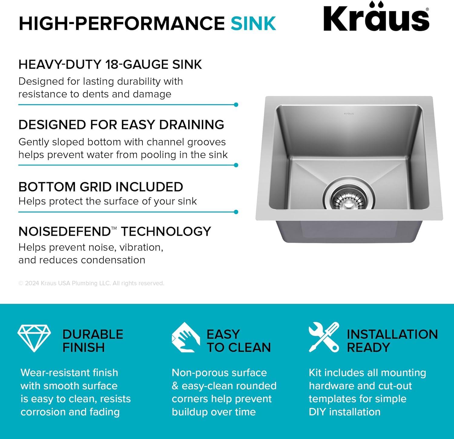 KRAUS Fairlane Single Bowl Gauge Stainless Steel Kitchen Bar Sink