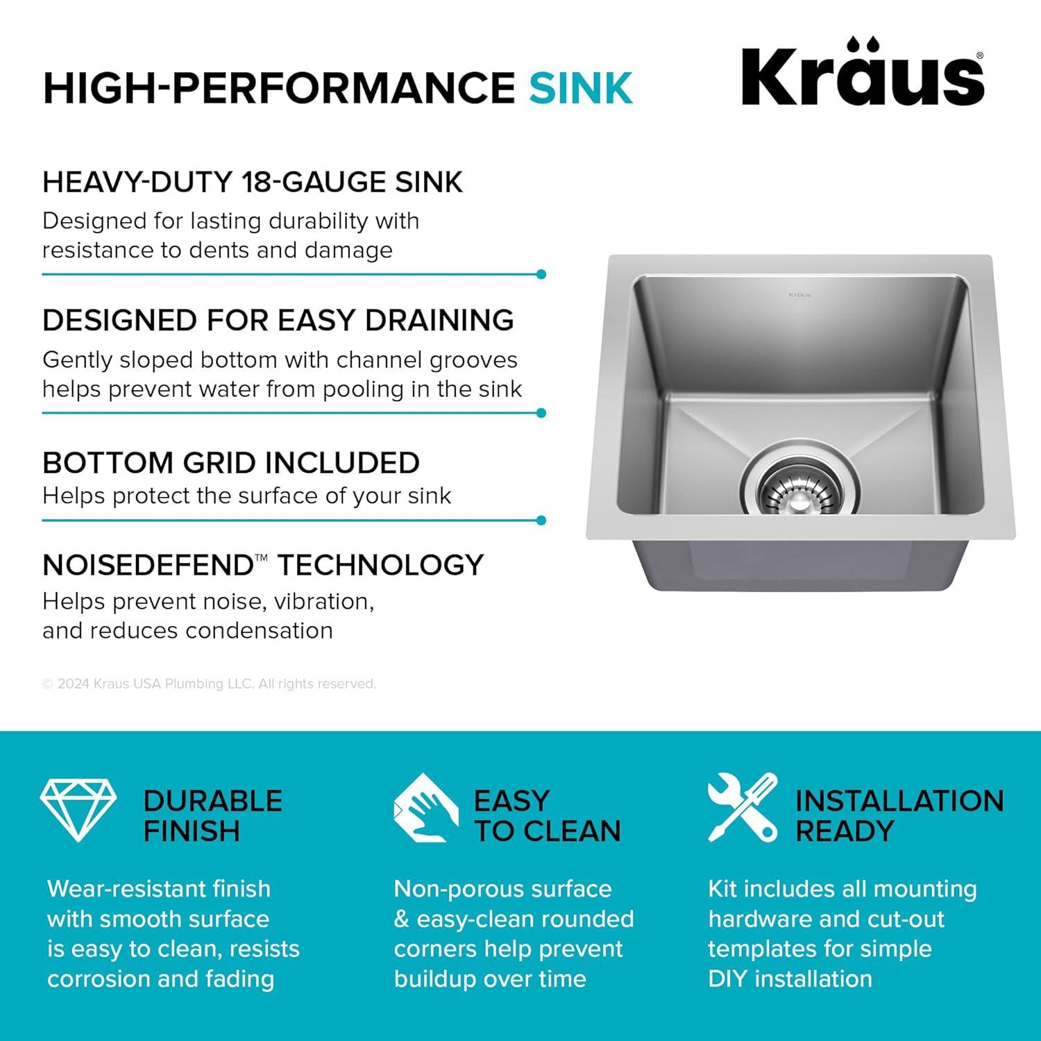 KRAUS Fairlane Single Bowl Gauge Stainless Steel Kitchen Bar Sink