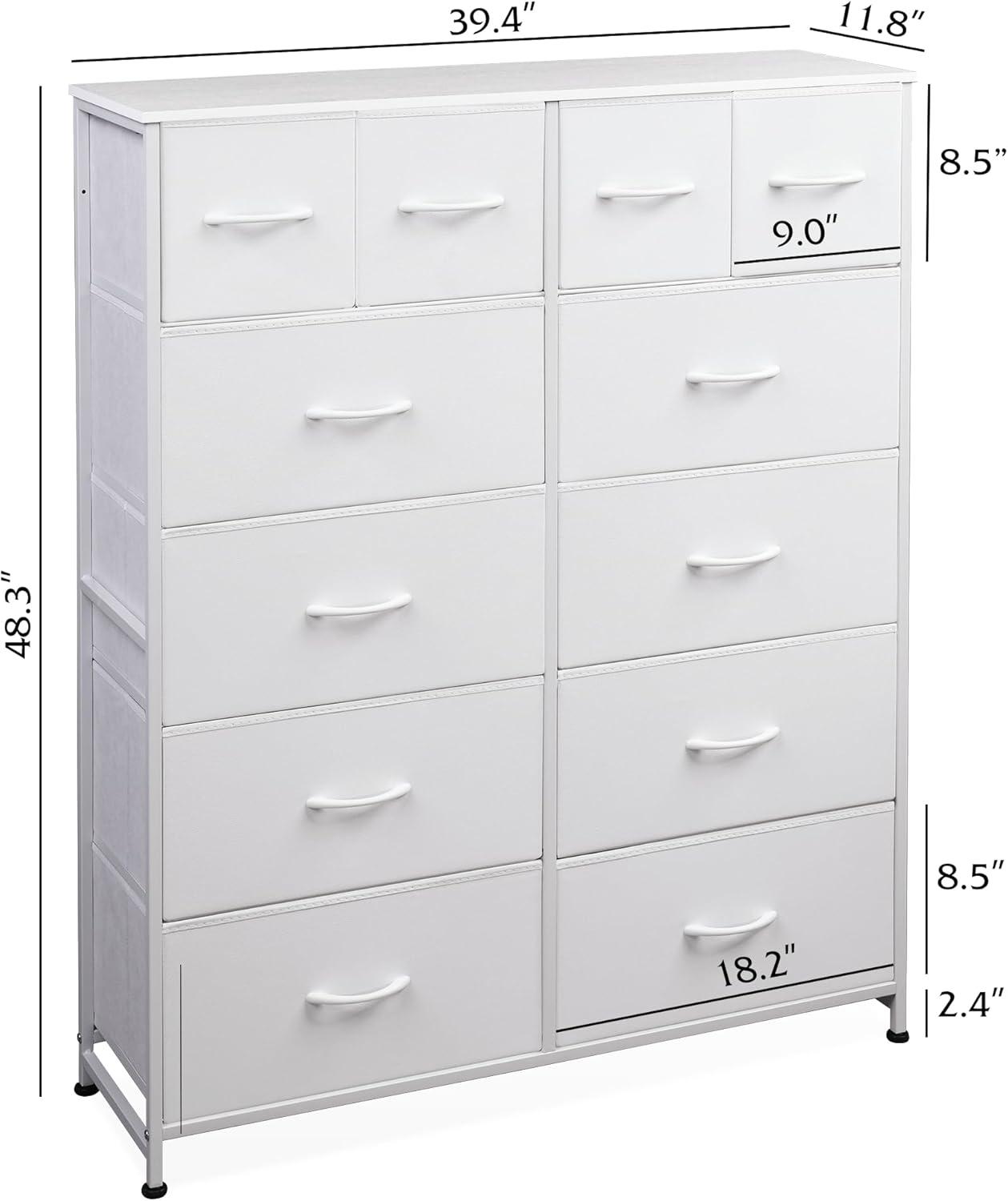 Lulive Dresser for Bedroom with 12 Drawers, Tall Dresser Chest of Drawers with Side Pockets and Hooks, Fabric Dresser Storage Tower for Closet, Hallway, Living Room (White)