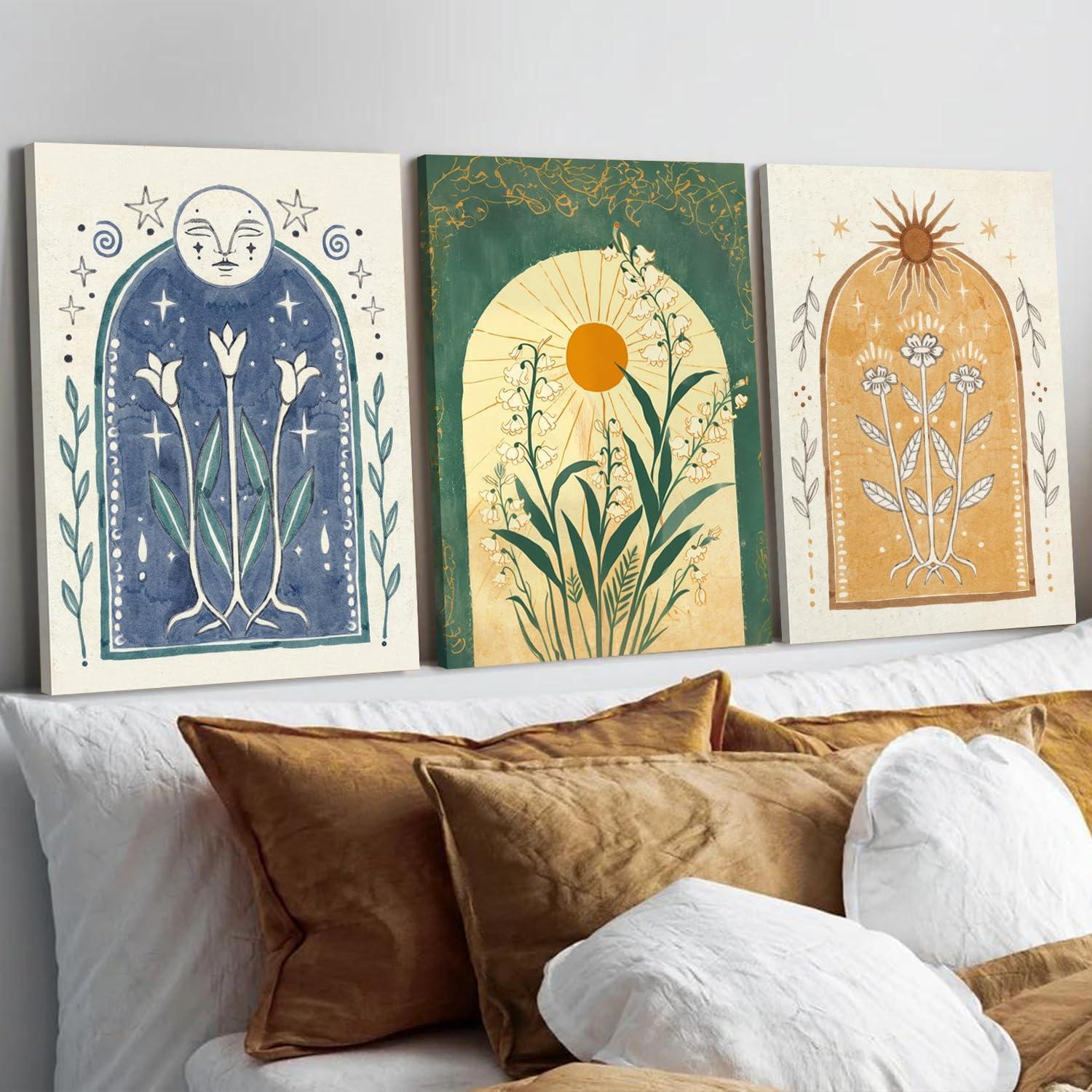 Lark Manor™ 3 Pieces Minimalism Botanical Canvas Wall Art Pink Flowers Line Plants Pictures Wall Decor Posters Print Artwork For Room Living Room Bedroom Bathroom Office Home Decoration