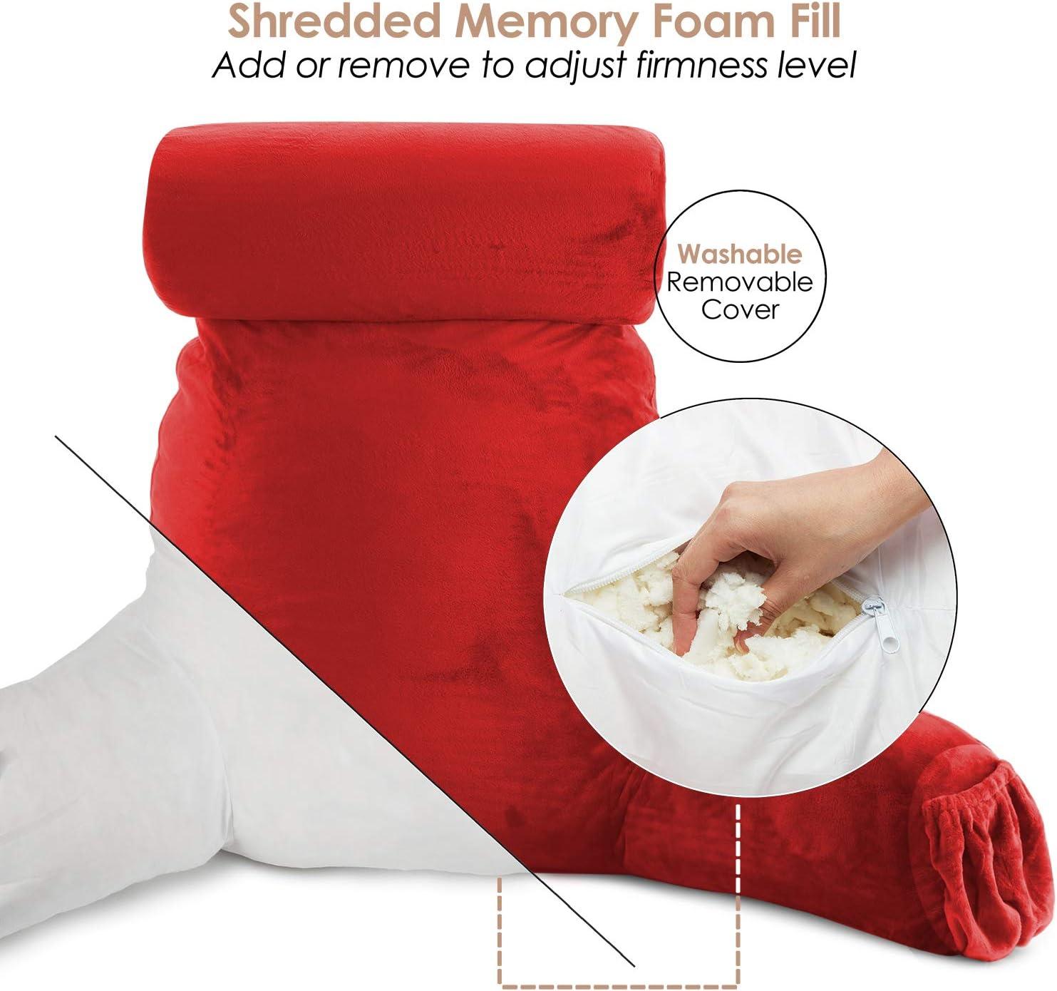 Nestl Reading Pillow with Shredded Memory Foam Includes 2 Neck and Lumber Support Pillows, Designed for Sitting Up in Bed and Couch, Back and Arms Adjustable Support for Adult & Teens, Red