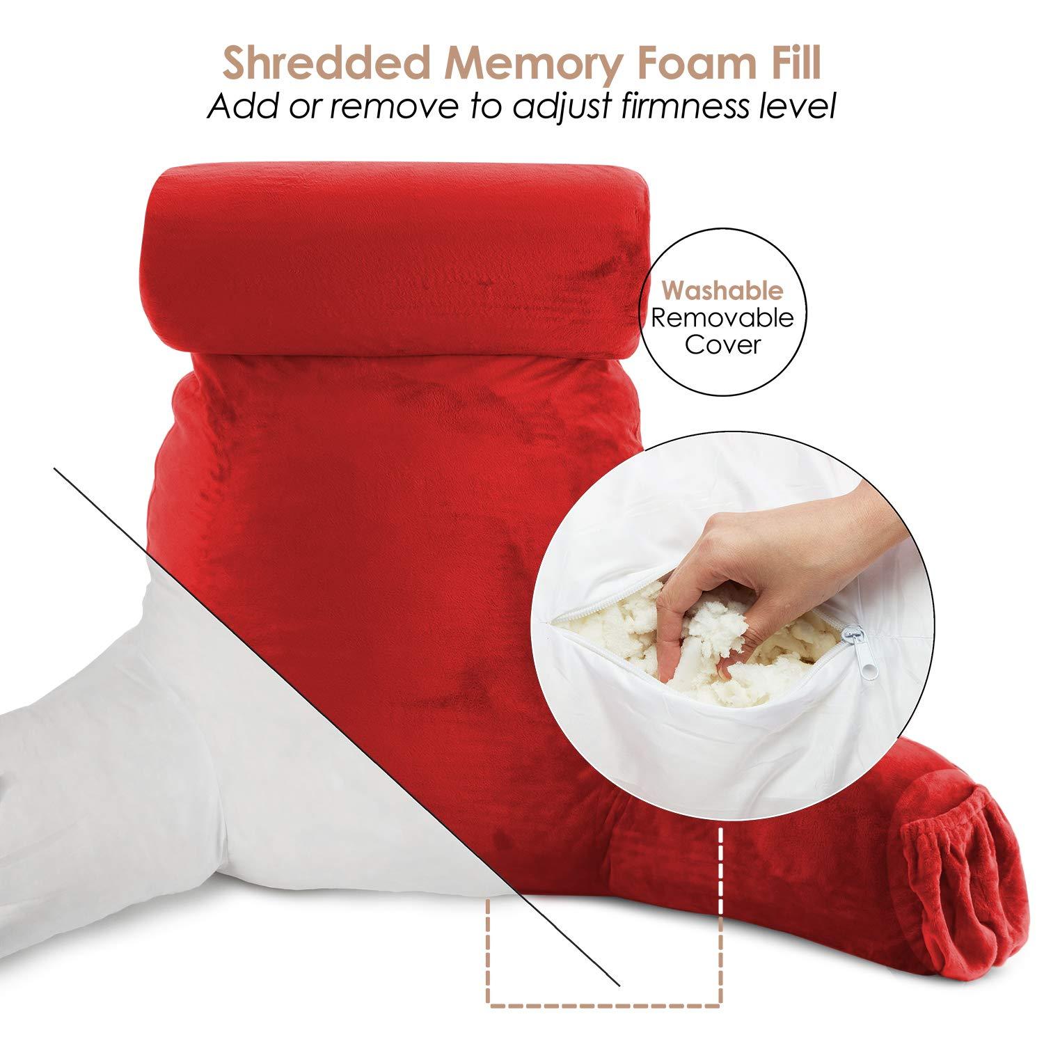 Nestl Reading Pillow with Shredded Memory Foam Includes 2 Neck and Lumber Support Pillows, Designed for Sitting Up in Bed and Couch, Back and Arms Adjustable Support for Adult & Teens, Red