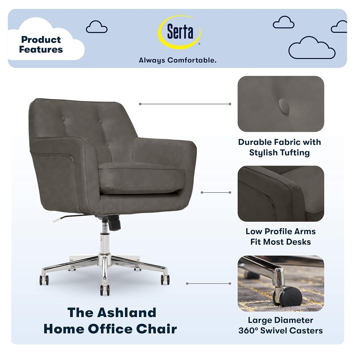 Style Ashland Home Office Chair Gathering Gray - Serta: Mid-Century, Tufted, Computer Chair