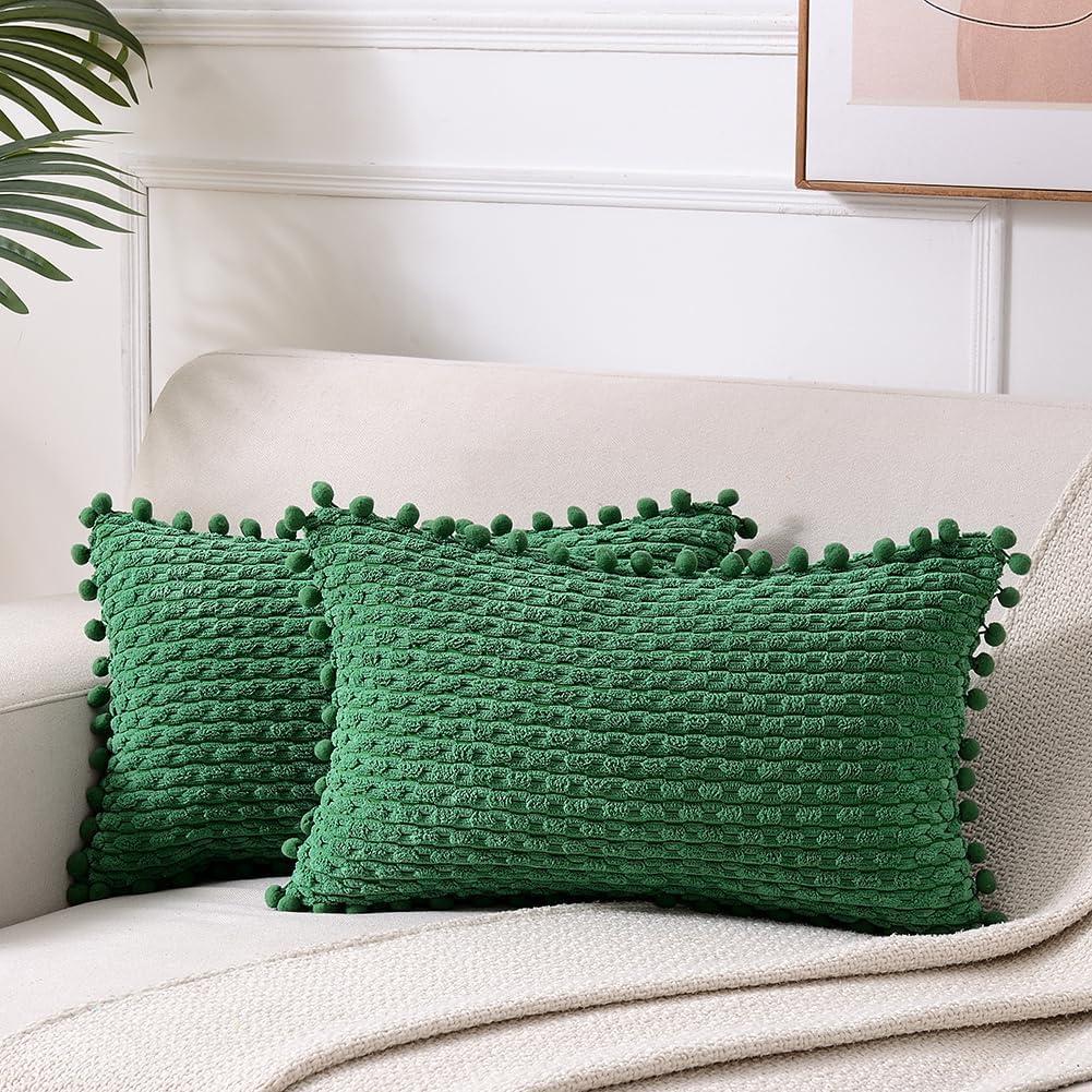 Sage Green Corduroy Lumbar Pillow Covers with Stripes - Set of 2