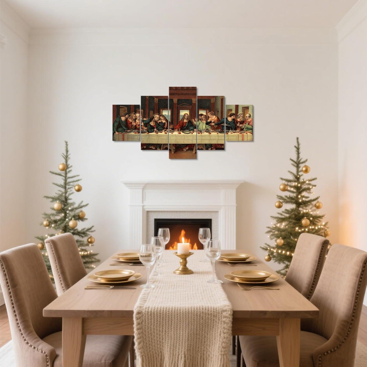 YOUHONG 5 Piece Last Supper Wall Art Christian Wall Decor Jesus Posters Leonardo Da Vinci Dining Room Decor The Last Supper Painting for Bedroom Living Room Decor (50''W x 24''H)