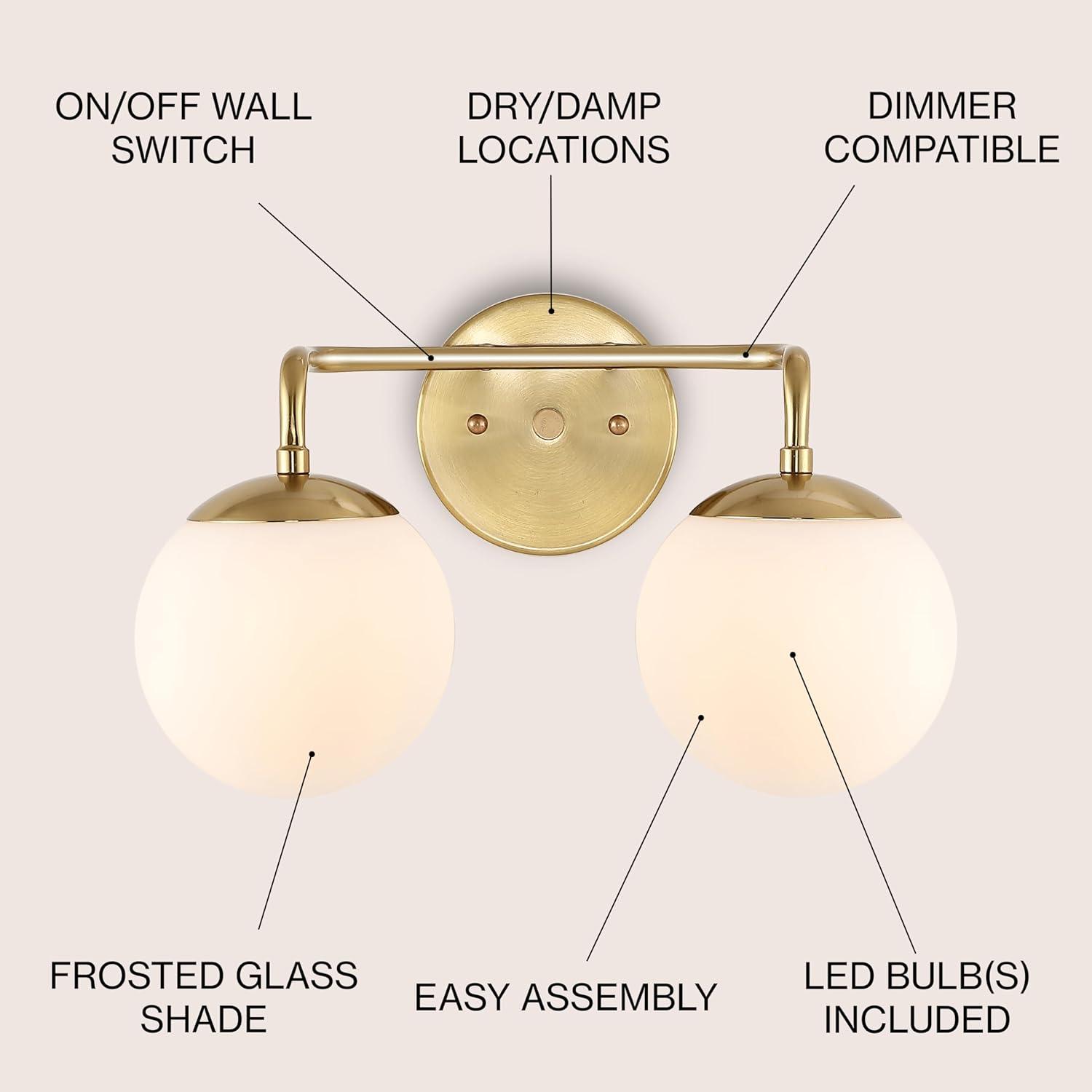 Louis Parisian Globe 15" 2-Light Metal/Frosted Glass Modern Contemporary LED Vanity, Brass Gold