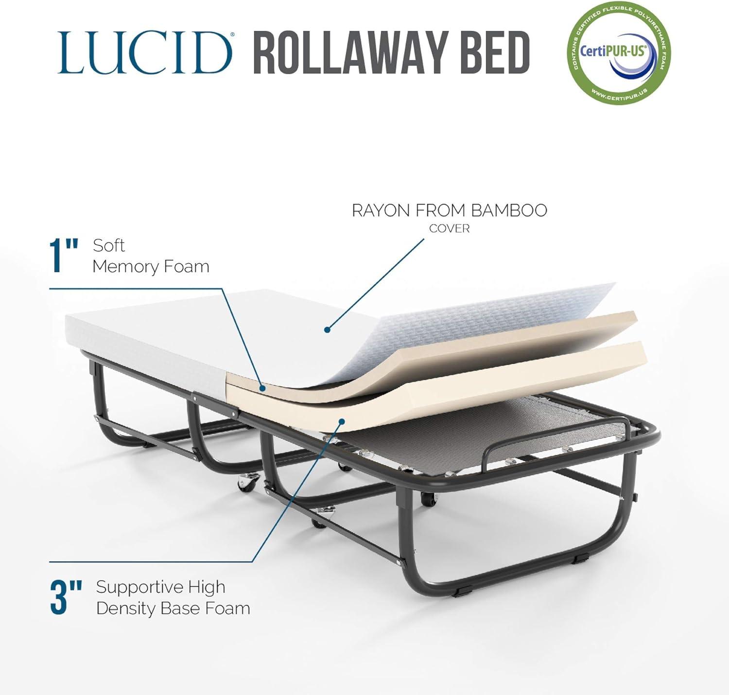 Lucid Black Metal Folding Rollaway Guest Bed with Memory Foam Mattress