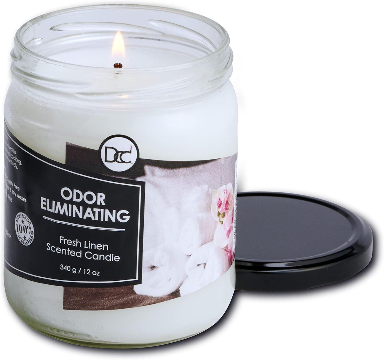 Fresh Linen Odor Eliminating Highly Fragranced Candle - Eliminates 95% of Pet, Smoke, Food, and Other Smells Quickly - Up to 80 Hour Burn time - 12 Ounce Premium Soy Blend