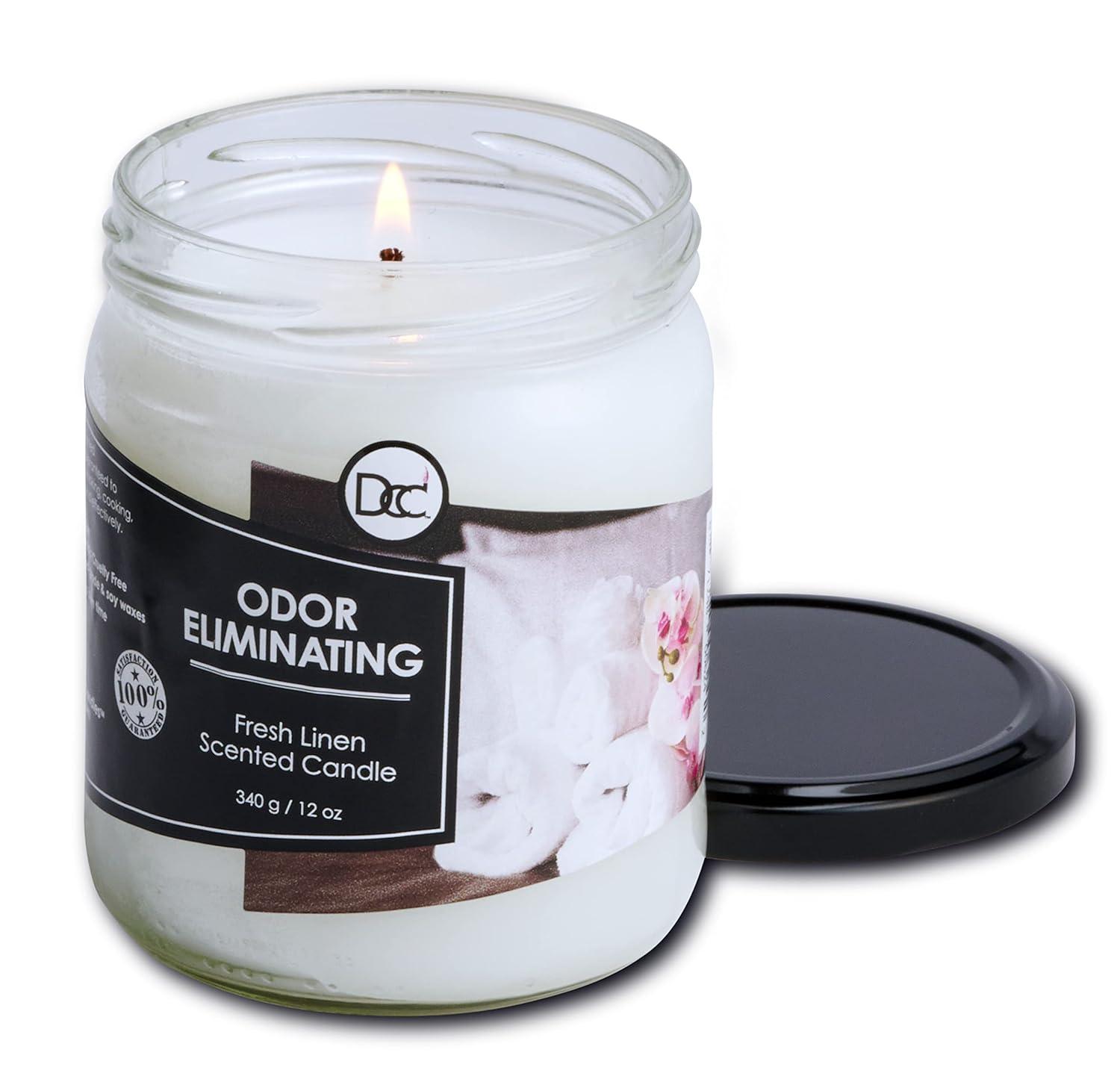 Fresh Linen Odor Eliminating Highly Fragranced Candle - Eliminates 95% of Pet, Smoke, Food, and Other Smells Quickly - Up to 80 Hour Burn time - 12 Ounce Premium Soy Blend