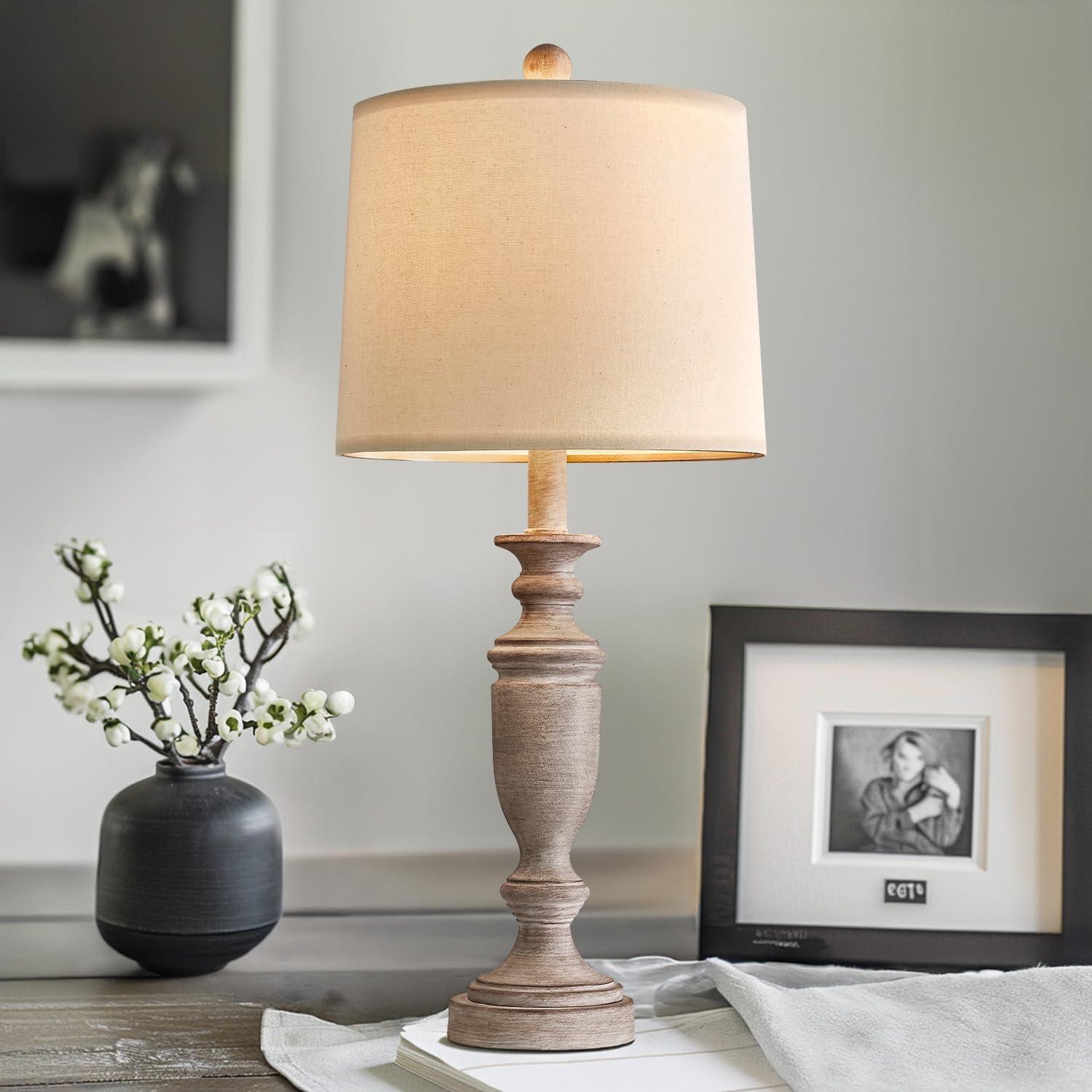 24.5" Beige Linen and Wood Tone Farmhouse Table Lamp Set