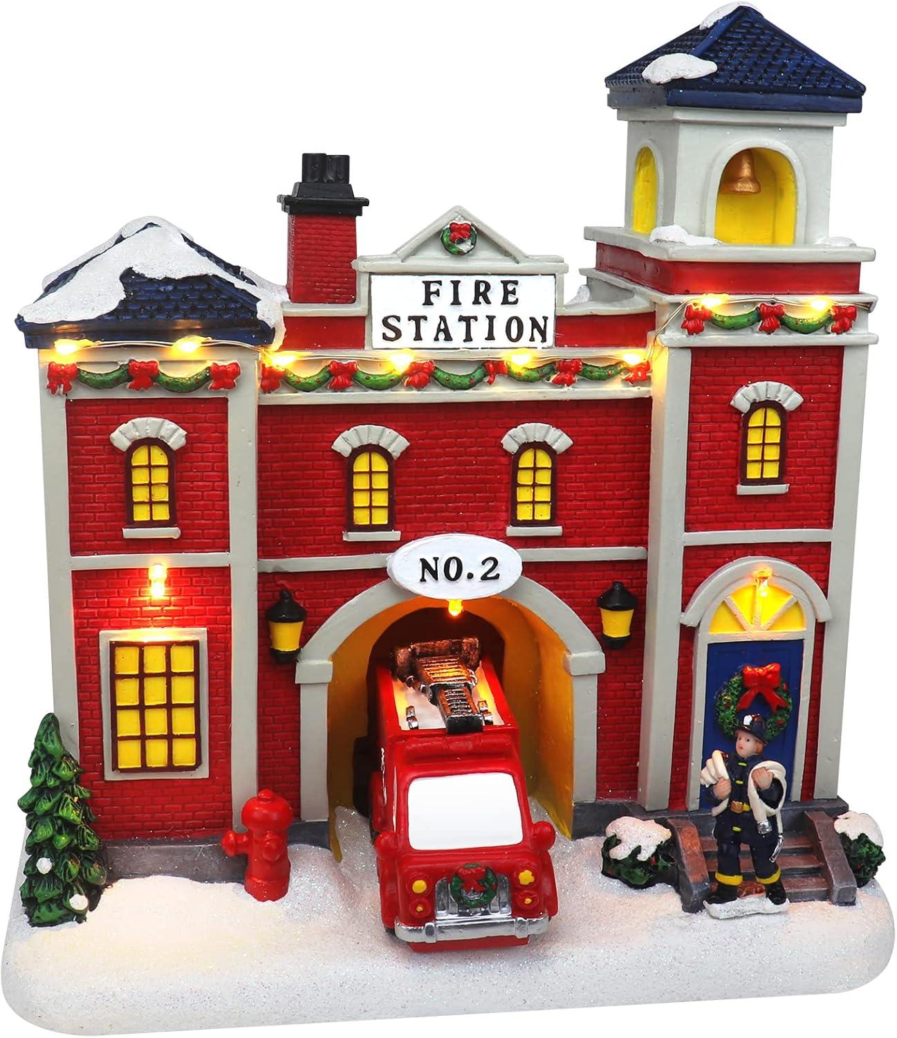 Christmas Village Animated Fire Station with LED Lights and Music