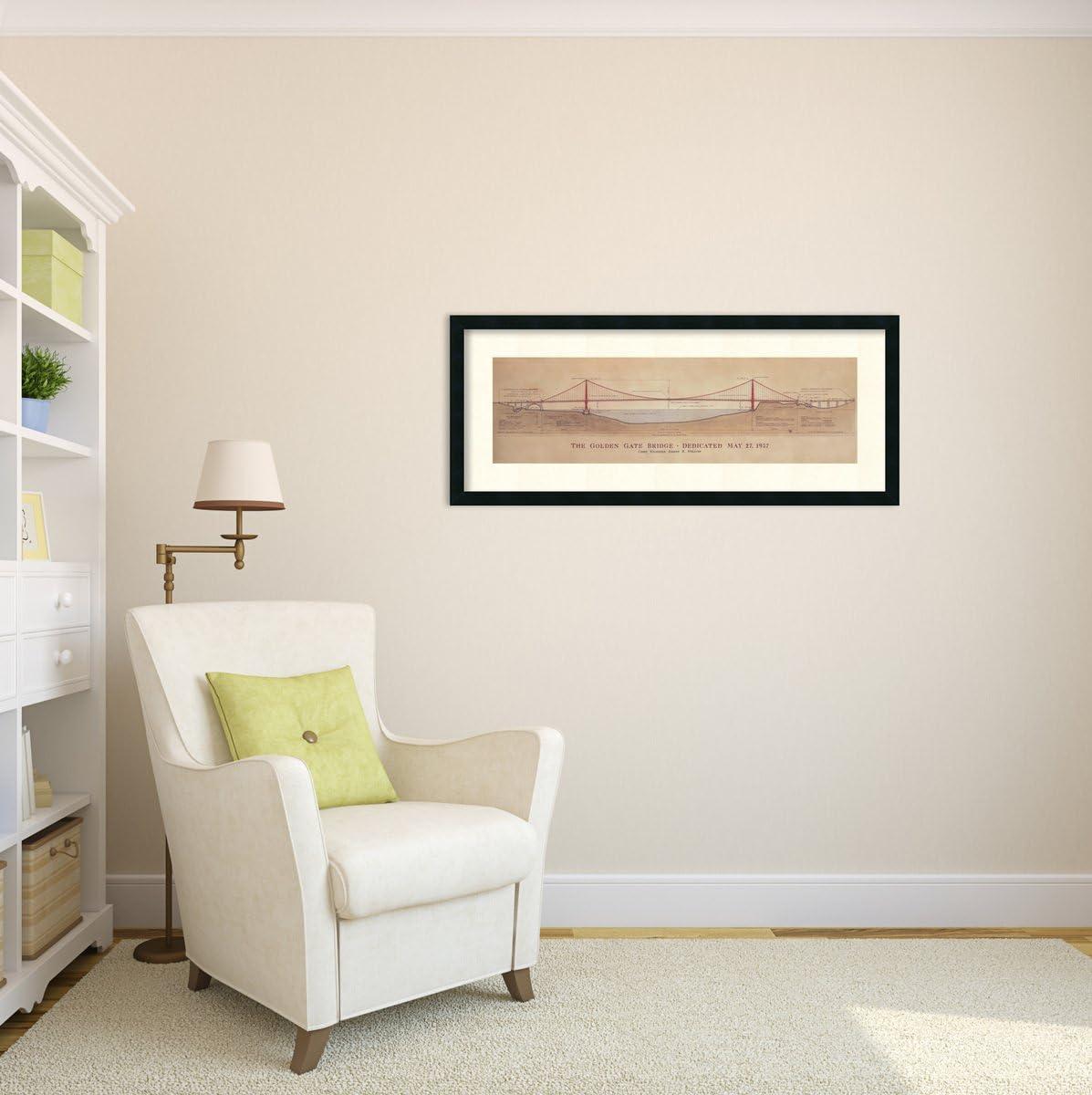 Golden Gate Bridge Architectural Drawing Framed Print, 40 x 17 Inch